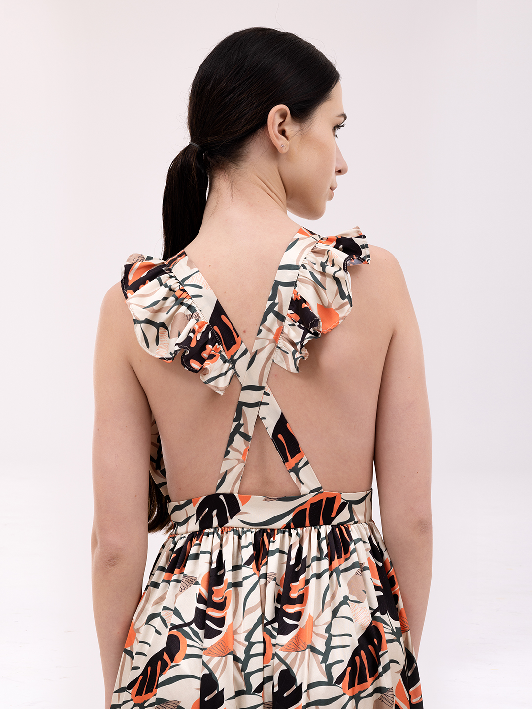 Tropical Leaf Print Halter Tiered Maxi Dress -4